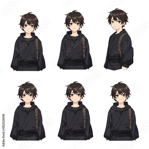 Six identical anime-style characters with black hair and casual dark clothing.