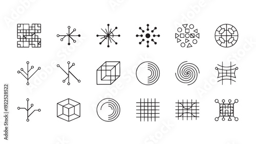  Technology pattern texture icon set for digital design resources, technical documentation graphics, software interface elements, data visualization symbols, and modern geometric illustration assets