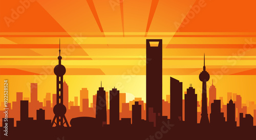 Vector Illustration of a Vibrant City Skyline Silhouette at Sunset with Dynamic Sun Rays Over a Metropolis