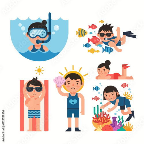 Children engaging in underwater and beach activities, including snorkeling and exploring coral reefs.