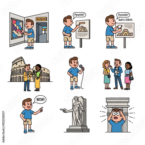 Boy exploring museum exhibits, including pyramids and ancient sculptures.