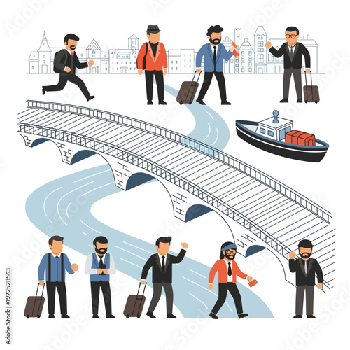 Business travelers walking across a bridge with luggage, near a cargo ship.