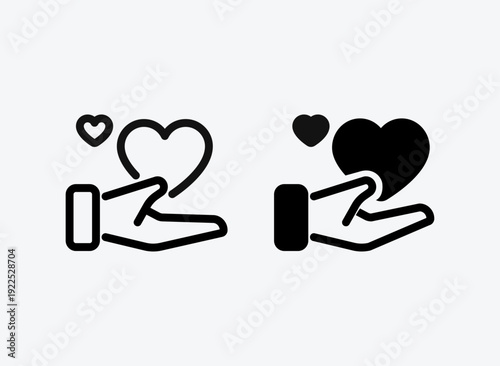 Hand holding heart icons Stroke and solid pictogram. Love, donation, help and healthcare concpt icons set. Vector