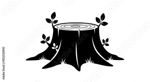 Black silhouette of a tree stump with new growth sprouting from roots.