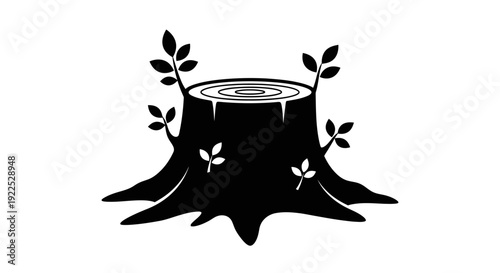 Tree stump with new growth and leaves sprouting from roots.