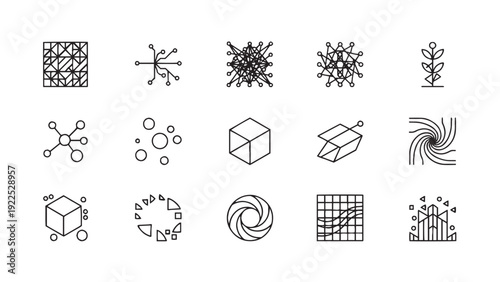Abstract geometric pattern icon collection for technical design projects, mathematical visualization, algorithm illustration, data structure graphics, and computational science educational materials