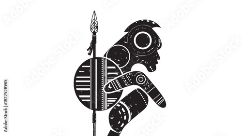 Abstract Aboriginal silhouette with spear and shield in traditional tribal art style, representing culture and heritage.
