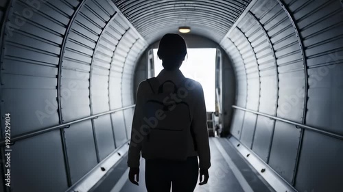 A solitary figure walks confidently through a dimly lit tunnel, envisioning a bright exit that symbolizes hope and adventure. Shadows create a dramatic contrast, evoking a sense of mystery.