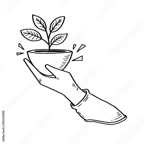 Hand holding a small potted plant vector illustration. Black and white doodle of a hand carrying a plant in a pot. Environmental care and growth concept with hand holding a sprout