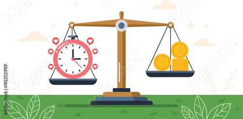 Time Versus Money Concept with Balance Scale Clock and Gold Coins Vector Illustration