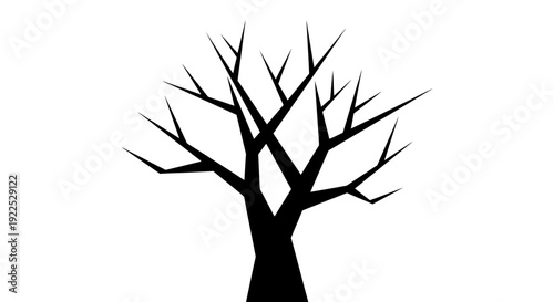 Silhouette of a bare tree against a white background.