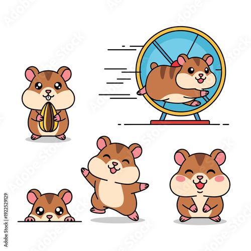 Cartoon hamsters engaging in various activities, including running on a wheel and standing.