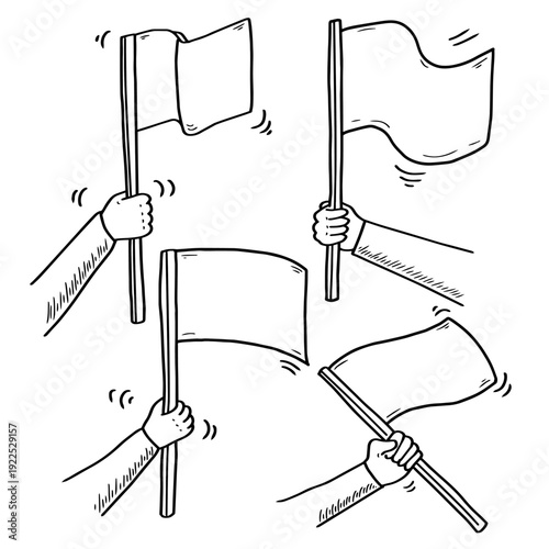Hands holding blank flags in various positions doodle vector illustration set. Hand drawn black and white doodle of hands waving flags
