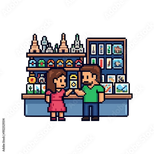 Two pixel art characters shopping at a store with various items displayed.
