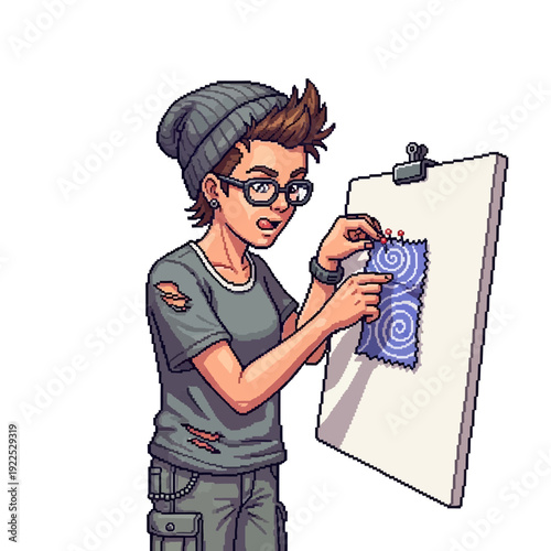 Young woman with glasses and beanie creating tie-dye fabric on a board.