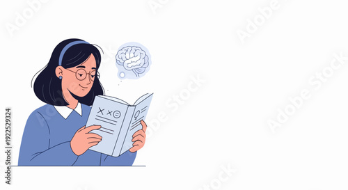 Woman reading book, holding an open textbook with diagrams and symbols, concentrating on information. Illustrated woman reading book, wearing glasses, blue headband,