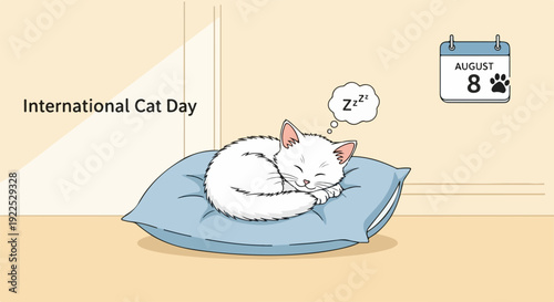 International Cat Day illustration showing white domestic cat sleeping curled on blue pillow. International Cat Day scene includes calendar highlighting August 8, a peaceful Zzz nap bubble.