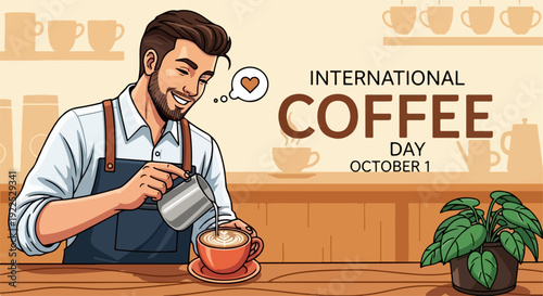 Barista making latte art, celebrating International Coffee Day with freshly brewed hot beverage. Skilled person preparing delicious coffee drink for International Coffee Day celebration.