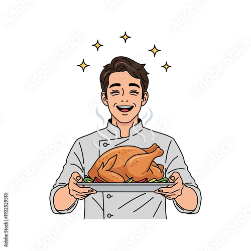 Chef holding a roasted turkey on a platter with a joyful expression.