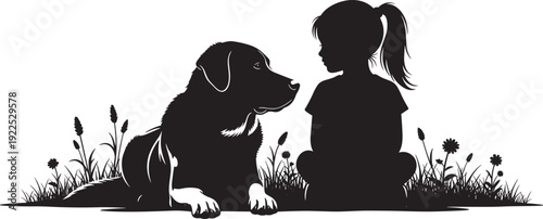Silhouette of a young girl sitting in a flower field facing her large pet dog isolated on white for childhood friendship and nature concepts.