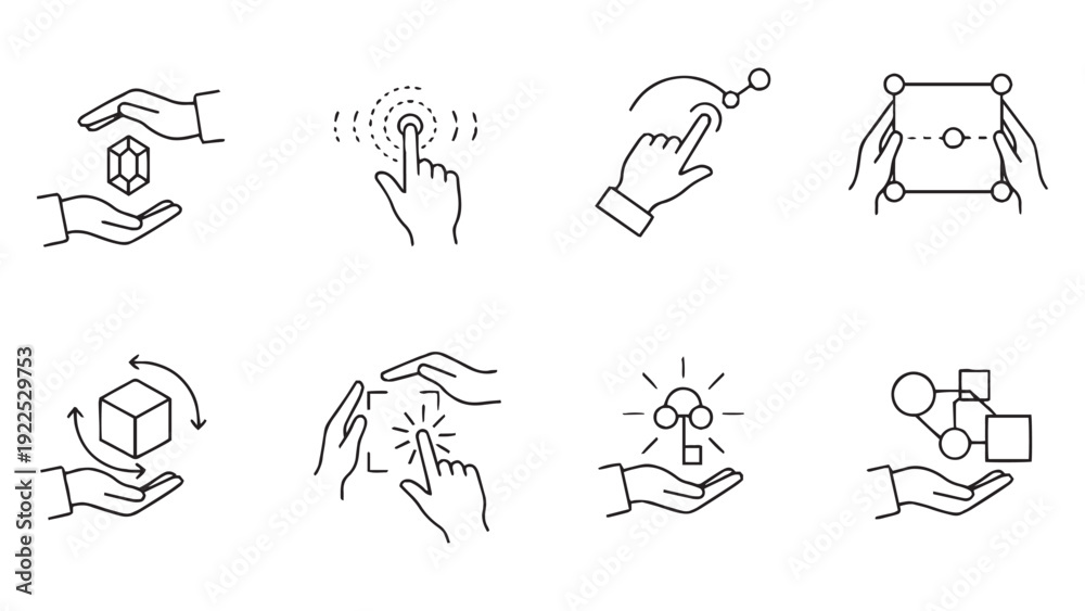 Obraz premium Hand interaction gesture icon set for augmented reality applications, gesture control interfaces, interactive technology tutorials, virtual manipulation demonstrations, and touchless innovation
