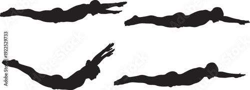 Set of male swimmer silhouettes in dynamic diving and gliding positions under water isolated on white background for summer vacation and aquatic sports concepts.