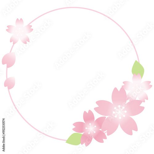 淡桜色の花と若葉をあしらった円形フレーム 春デザイン向けパステルカラーの桜装飾ベクター素材