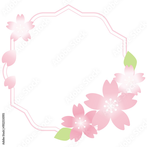 和風の波型フレームと春色の桜、桜の花びらで装飾された春のフレーム