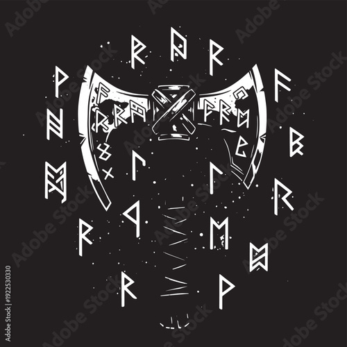 Abstract circular design featuring runic symbols and geometric patterns in a monochrome palette.