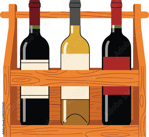 Wine Bottles in Wooden Crate Red and White Alcohol Beverage Vector Illustration