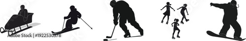 Watercolor silhouettes set of winter sports athletes. Hand drawn shapes -skiing, skating, hockey, bobsleigh, snowboarding in actions. International winter games competition on white backgroundd