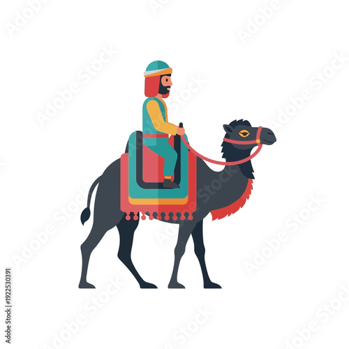 Man riding a horse with a colorful saddle and harness.