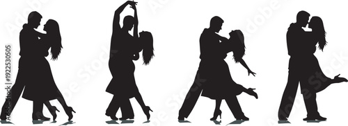 Set of elegant ballroom dancing couple silhouettes in romantic poses including waltz tango and salsa styles isolated on white background for performing arts and entertainment.