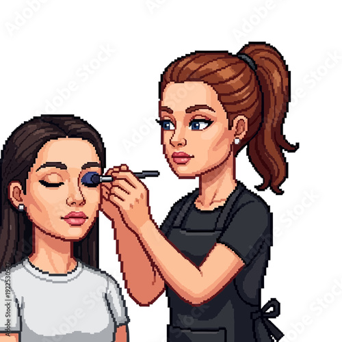 Woman applying makeup to another woman with a brush.