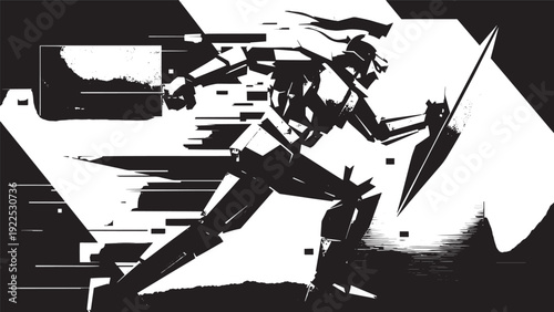 Dynamic black and white illustration of a runner in motion with abstract speed lines.