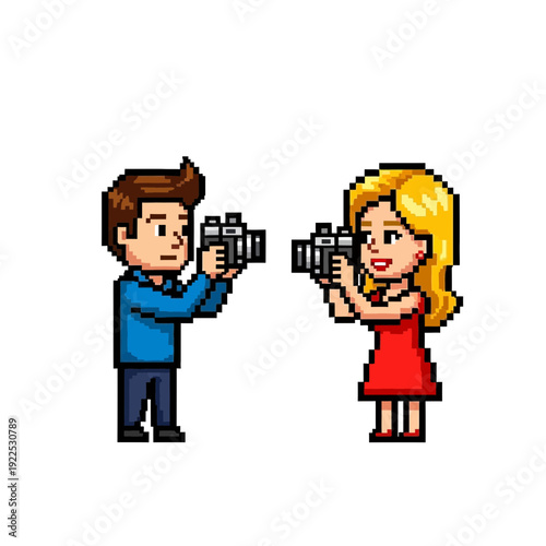 Two pixel art characters taking photos of each other with cameras.