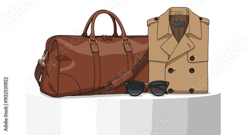 A brown leather duffel bag, a folded beige trench coat, and dark sunglasses are displayed on a white surface.