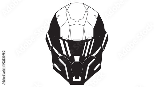 Front view of a sleek black and white angular helmet mask with geometric lines.