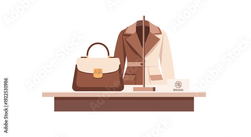 A brown and beige handbag and a trench coat on a hanger are displayed on a shelf with a brand sign.
