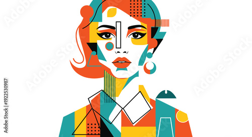 An abstract portrait of a woman's face and upper body is depicted with geometric shapes and bright colors.