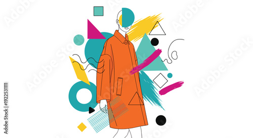 Line art illustration features a person in an orange coat surrounded by abstract geometric shapes and brush strokes on a white background.