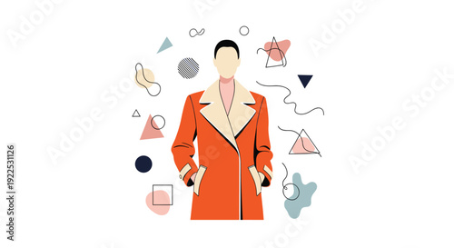 A minimalist illustration of a person in an orange trench coat is standing amidst abstract geometric shapes.