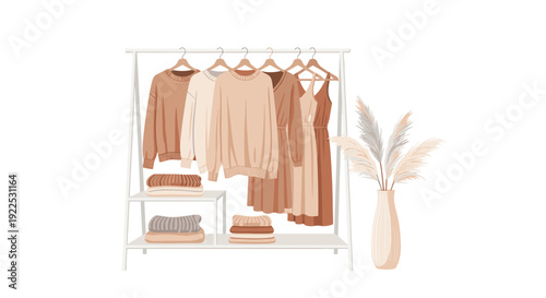 Illustration of a minimalist clothing rack showcasing various neutral-toned sweaters and dresses, with folded garments and pampas grass.