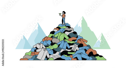 Illustration features a person standing on a huge pile of discarded clothes, holding a plant, with mountains.