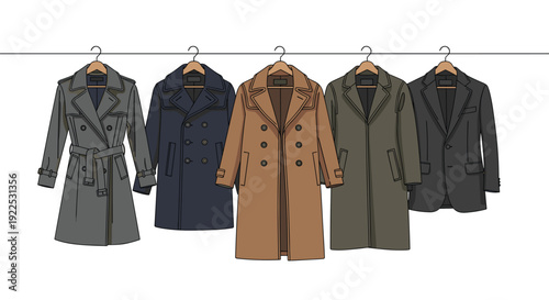 Illustration shows five stylish men's trench and overcoats in grey, navy, brown, olive green, and black.