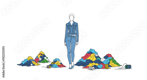 A woman dressed in blue denim jeans and jacket standing amidst piles of colorful discarded clothes and textile waste.