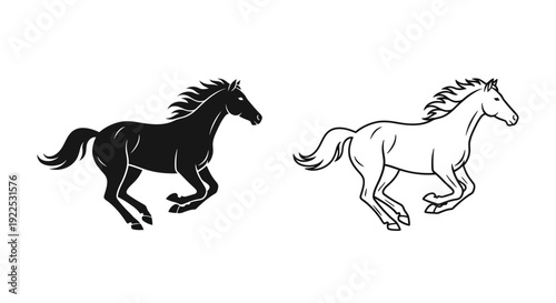 Black and white horse silhouette vector illustration running side by side Vector