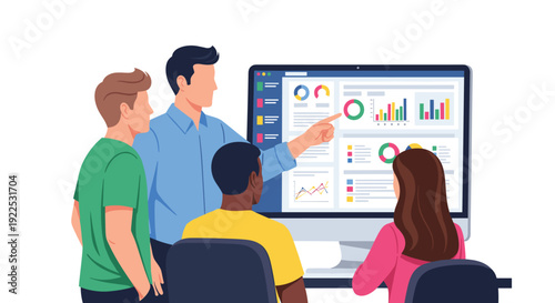 Diverse team members observe and discuss various data charts and dashboards displayed on a large computer monitor.