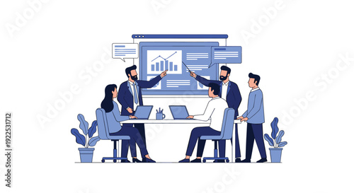 Business executives present data analytics with charts and speech bubbles on a large screen during a corporate meeting.