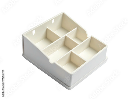 White plastic organizer with multiple compartments for storage and organization.